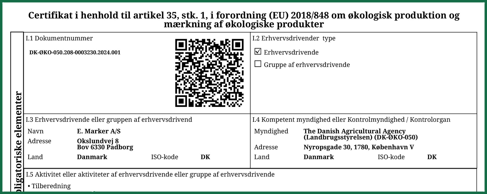 Økologisk Produktion Certifikat